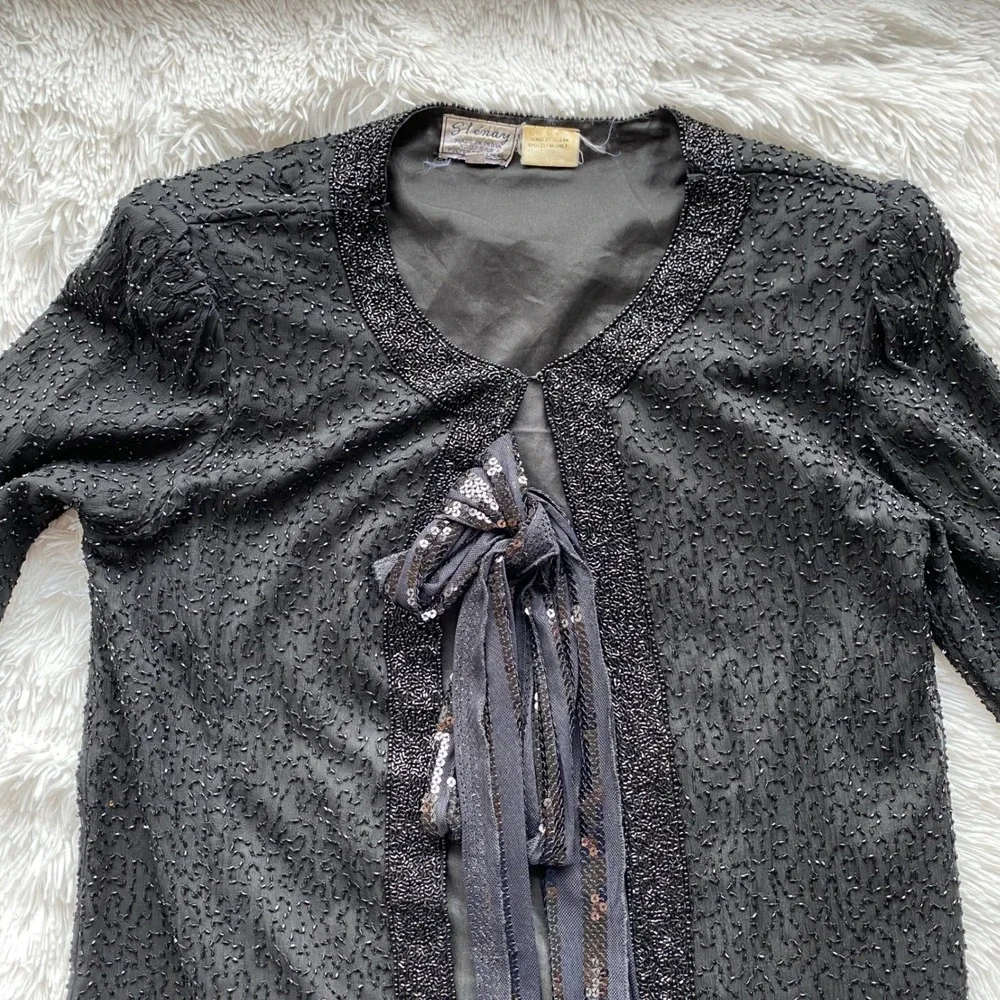 STENAY Vintage Beaded Silk Evening Jacket Black Sequin Formal Tie Front M